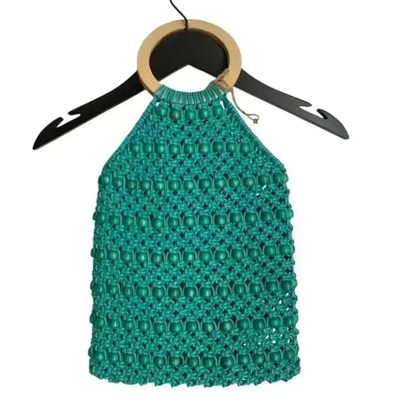 Beaded Purse Teal Large Circle Handles NWOT Macrame - Picture 1 of 7